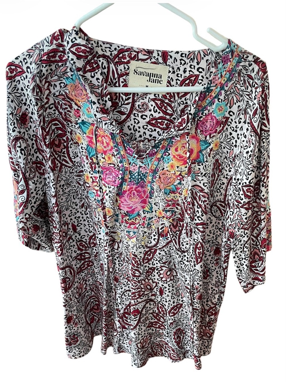 Savanna Jane White Tunic with Burgundy Paisley and Multicolor Floral Embroidery